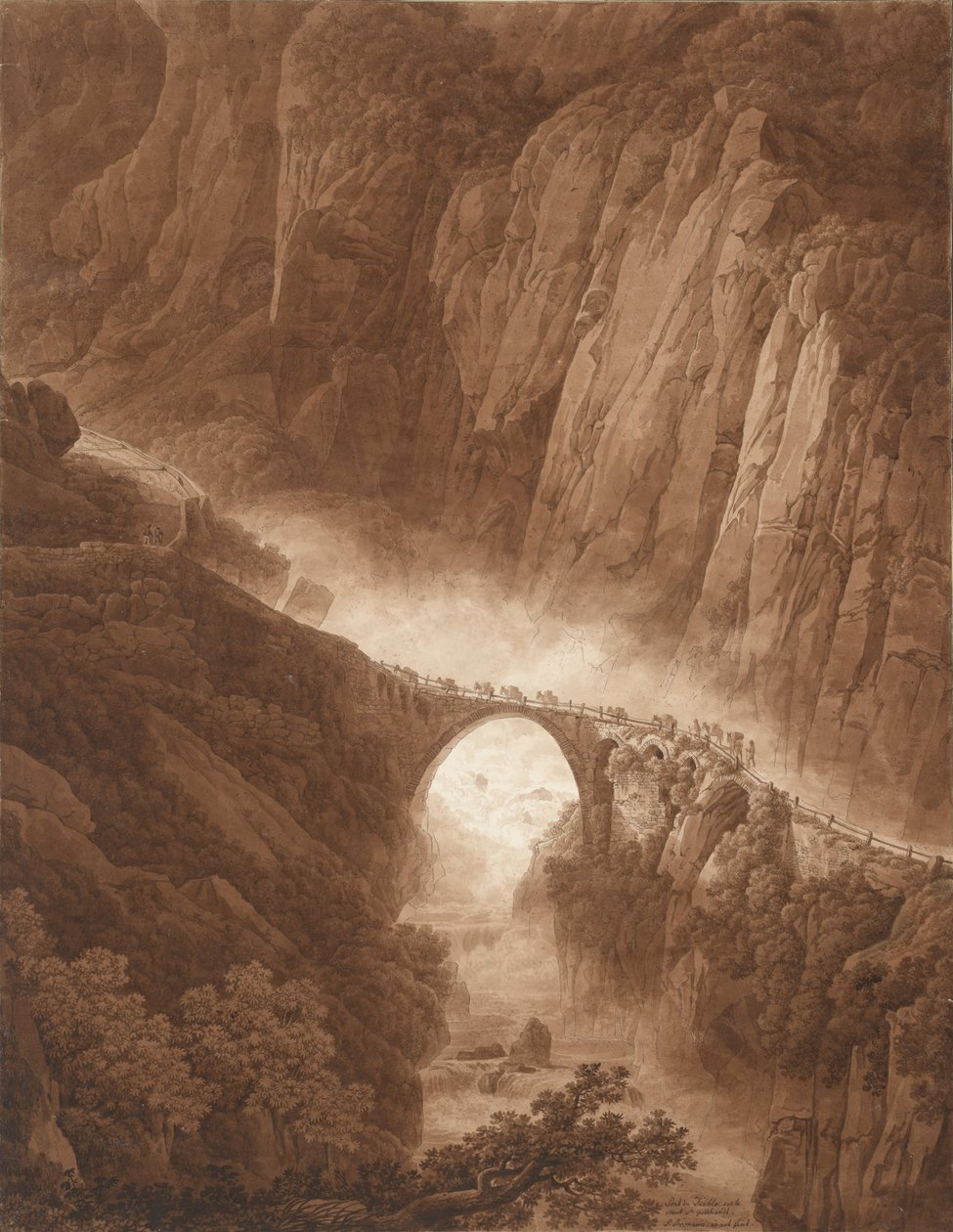 Il ponte del diavolo nella gola di Schöllenen sulla strada attraverso il Passo del San Gottardo con un treno di muli, prima del 1805 da Peter Birmann