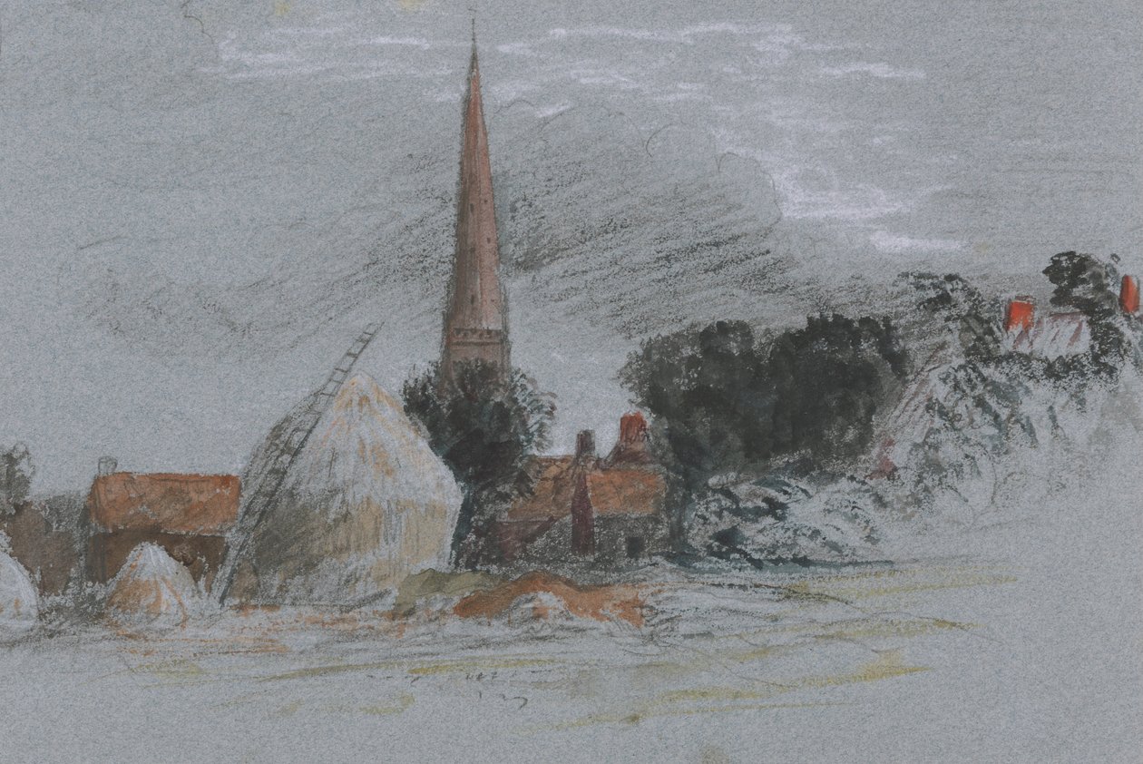 Studio di paesaggio: un mucchio di fieno vicino a una chiesa da Peter de Wint