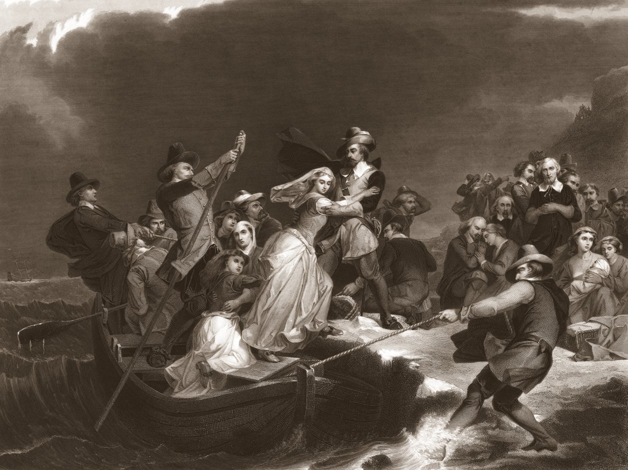 Pellegrini che sbarcano a Plymouth Rock nel 1620, pub.1869 da Peter Frederick Rothermel