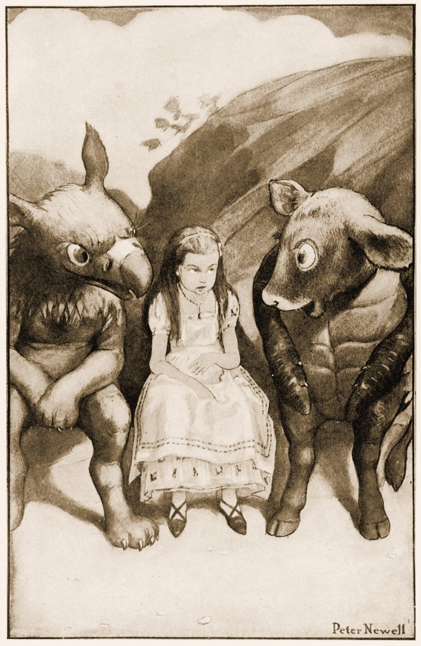 Alice iniziò a raccontare loro le sue avventure, illustrazione per Le avventure di Alice nel Paese delle Meraviglie di Lewis Carroll, 1901 da Peter Newell
