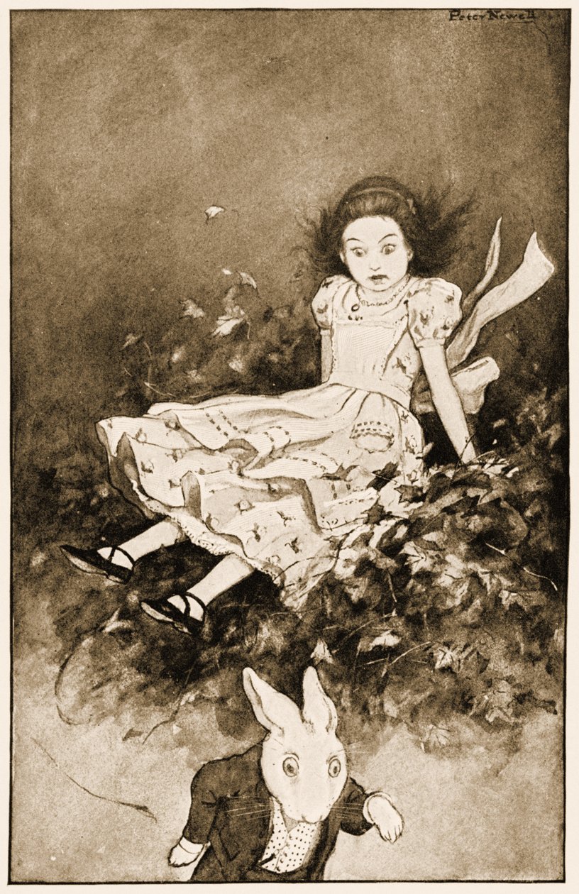 Cadde su un mucchio di foglie secche, illustrazione per Le avventure di Alice nel Paese delle Meraviglie di Lewis Carroll, 1901 da Peter Newell