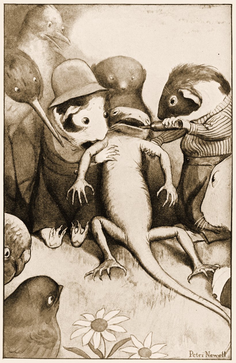 Il povero piccolo lucertolone Bill era nel mezzo tenuto in alto, illustrazione per Le avventure di Alice nel Paese delle Meraviglie di Lewis Carroll, 1901 da Peter Newell