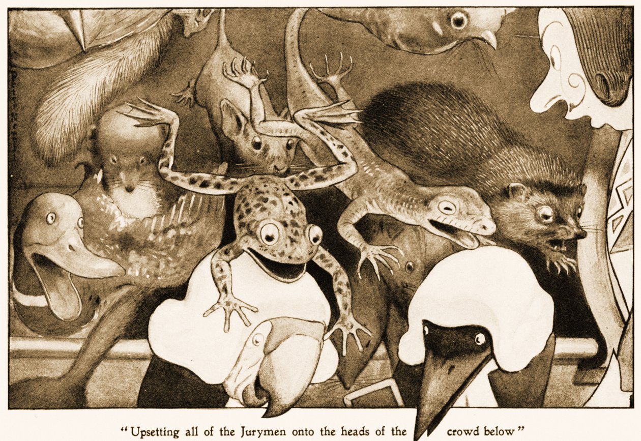 Rovesciando tutti i giurati sulle teste della folla sottostante, illustrazione per Le avventure di Alice nel Paese delle Meraviglie di Lewis Carroll, 1901 da Peter Newell