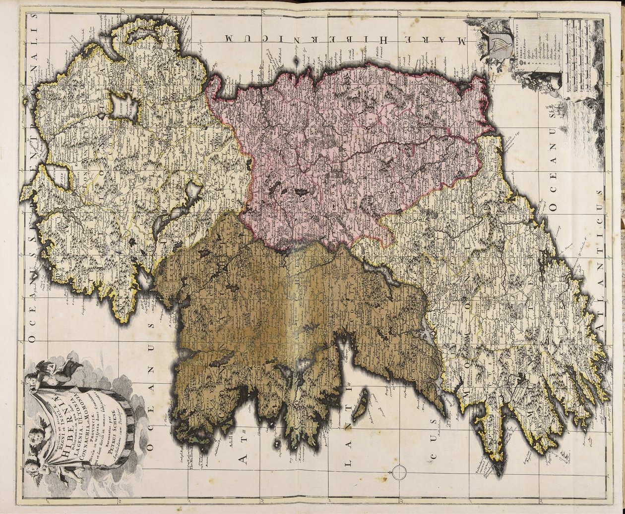 Novissima et accuratissima regni et insulae Hiberniae delineatio: in qua sunt Lagenia, Ultonia, Connachia et Momonia provinciae: divisae in triginta duos comitatus qui et sunt divisi in omnes subjacentes baronnatus / per Petrus Schenk da Peter Schenk the Elder