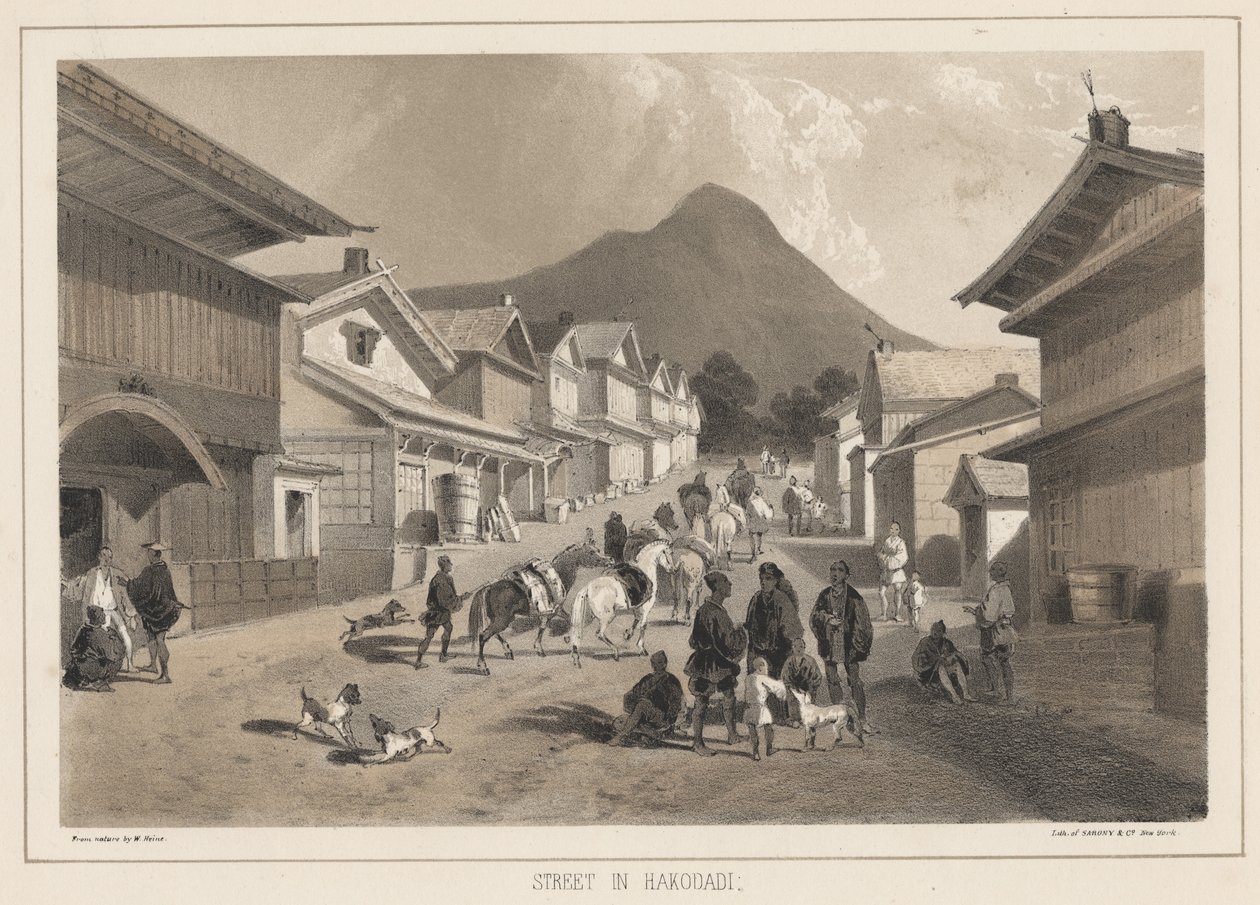 Strada a Hakodadi, litografia di Sarony und Co., 1855 da Peter Bernhard Wilhelm Heine