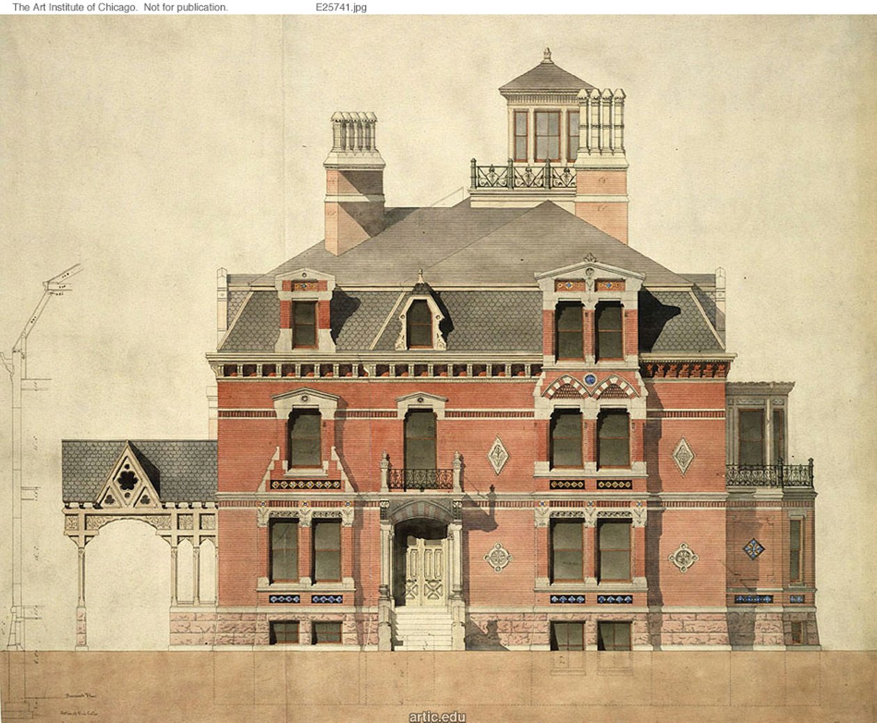 Casa di Eliphalet W. Blatchford, Chicago, Illinois, elevazione di LaSalle Street e sezione parziale da Peter Bonnett Wight