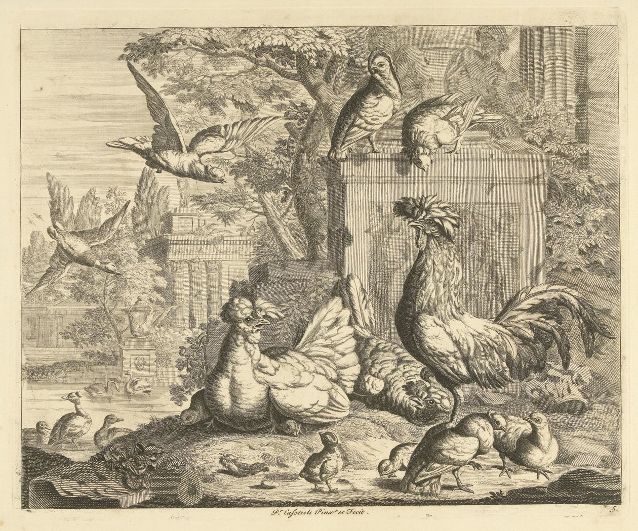 Gallo, gallina con pulcini e altri uccelli in un giardino con rovine antiche da Peter Casteels (III)