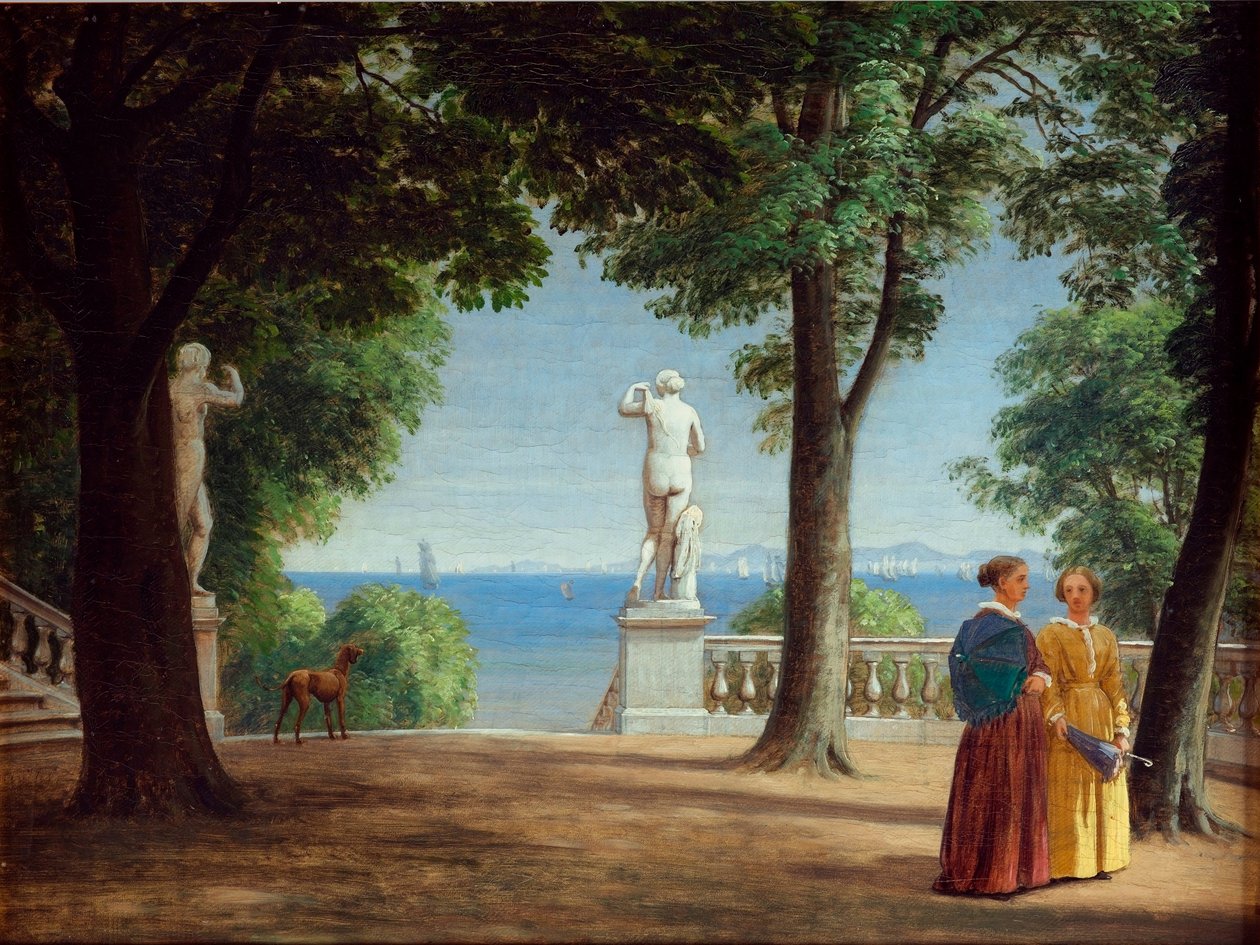 Vista verso Kullen da una terrazza giardino con statue da Peter Christian Skovgaard