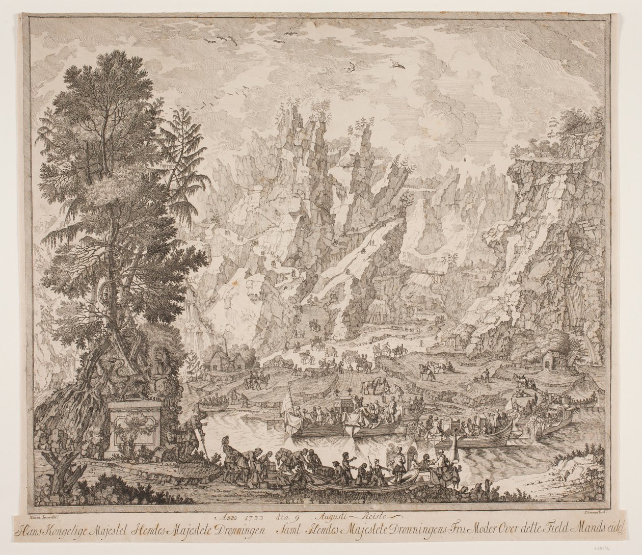 Anno 1733 il 9 agosto Sua Maestà Reale Sua Maestà la Regina e Sua Maestà la Regina Madre attraversarono questo campo Mandsseidet da Peter Cramer