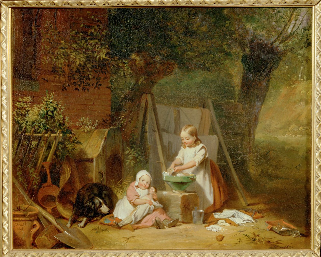 Die Puppenwaesche im Garten - Il bucato delle bambole in giardino ... (olio su tavola) da Peter Fendi