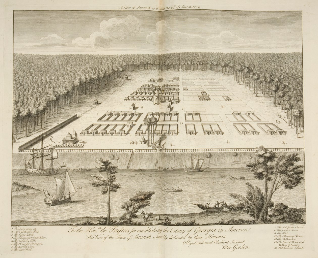 Veduta di Savannah come appariva il 29 marzo 1734, inciso da P. Fourdrinier, Londra, c.1735 (incisione) da Peter Gordon