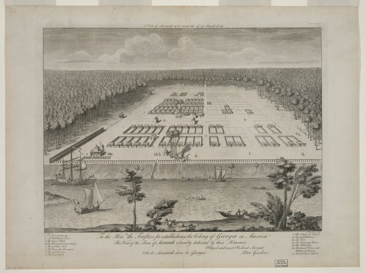 Veduta di Savannah come appariva il 29 marzo 1734, inciso da P. Fourdrinier, Londra, c.1735 da Peter Gordon