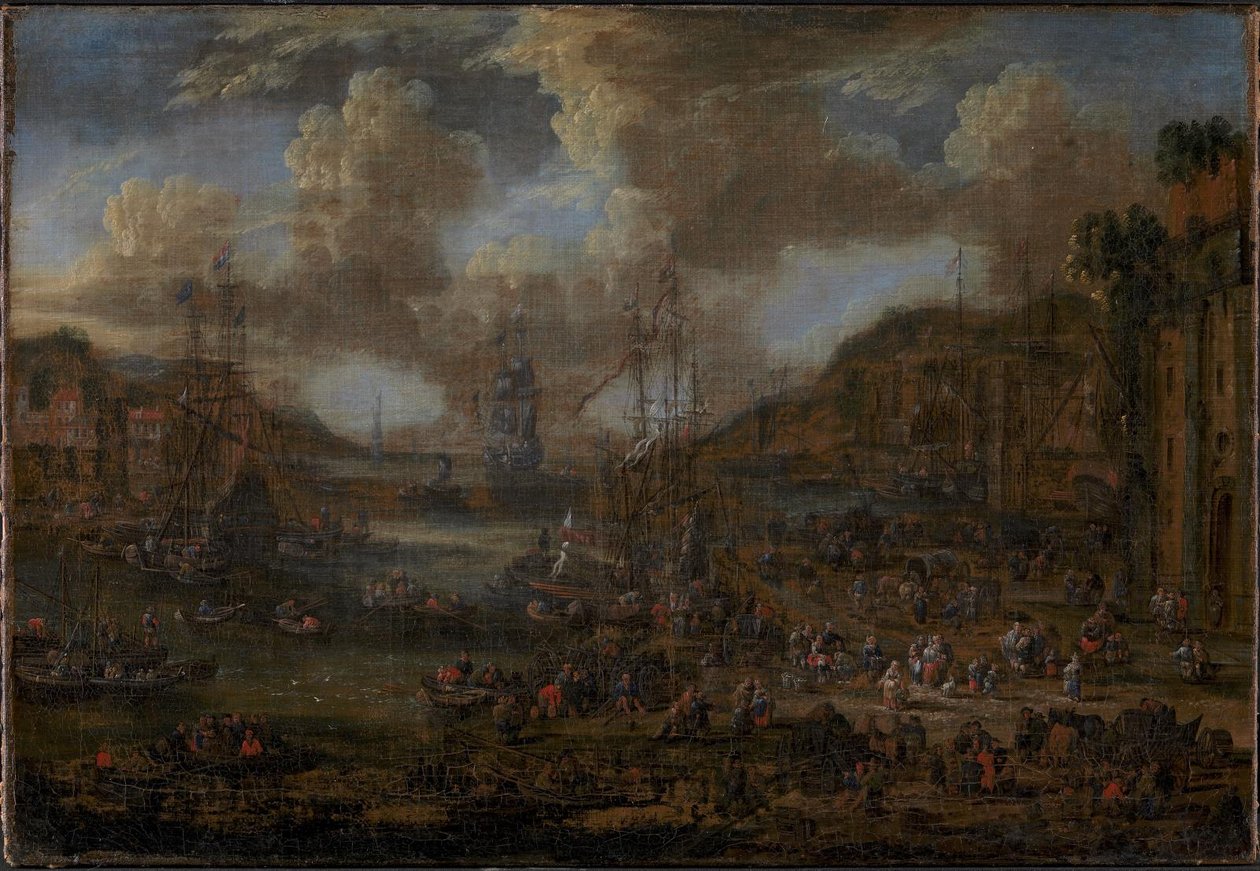 Porto meridionale con numerose figure sulla riva da Peter II Casteels