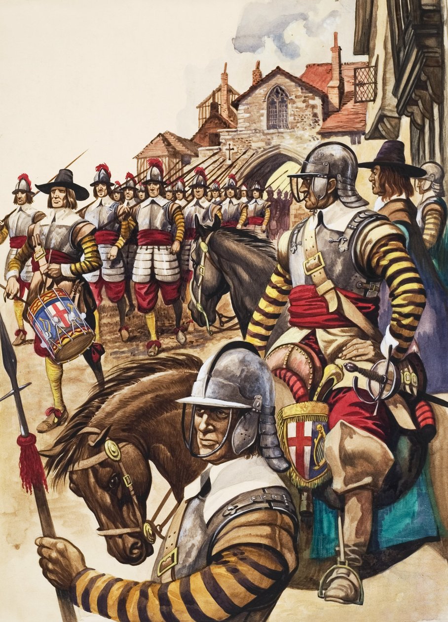 Un gruppo di picchieri del New Model Army marcia in battaglia guidato da un tamburino (gouache su carta) da Peter Jackson