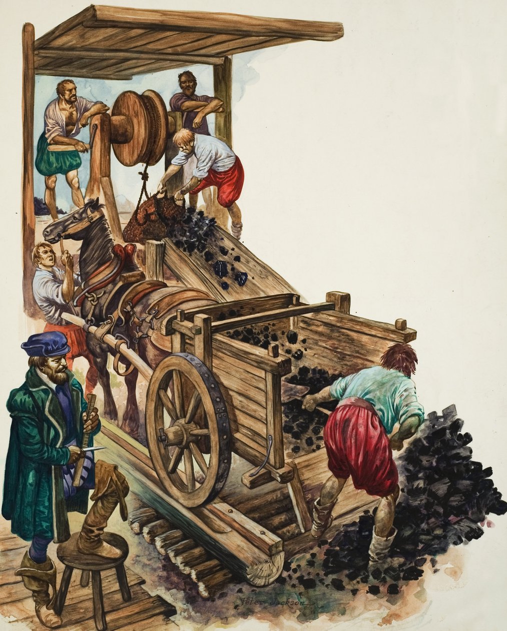 Un addetto al conteggio segna quanti carichi di carbone lasciano la miniera mentre un minatore riempie un carrello e altri ne issano altri in superficie (gouache su carta) da Peter Jackson