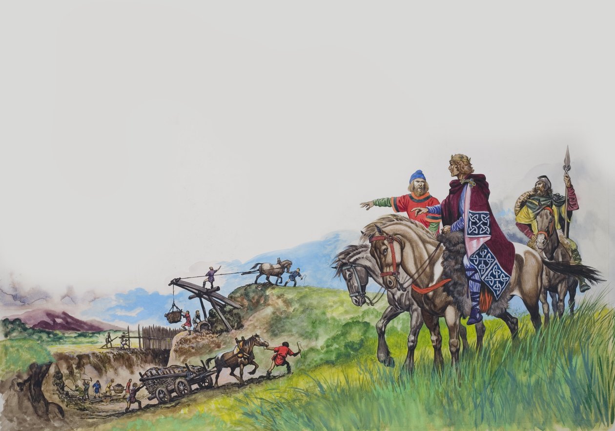 Re Offa (757-96) osserva la costruzione della sua diga (gouache su carta) da Peter Jackson