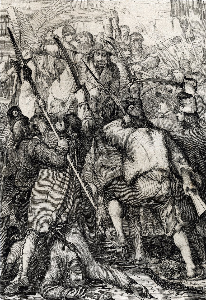 Rivoluzione francese: il popolo armato e furioso entra attraverso il ponte levatoio e uccide la guarnigione e il governatore durante l