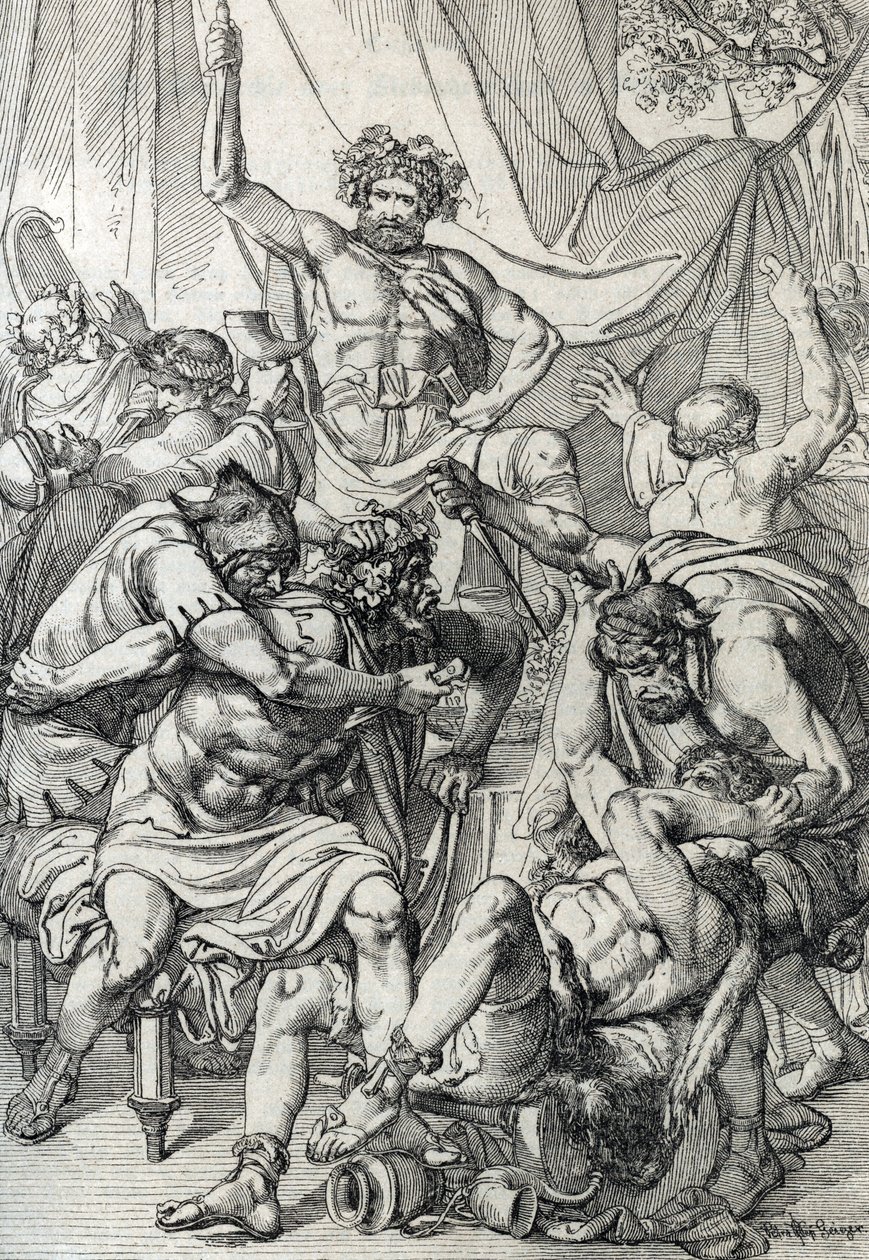 Eptarchia: rappresentazione del capo anglosassone Hengist che uccide i suoi nemici per fondare il regno del Kent, circa 461 (disegno a penna) da Peter Johann Nepomuck Geiger