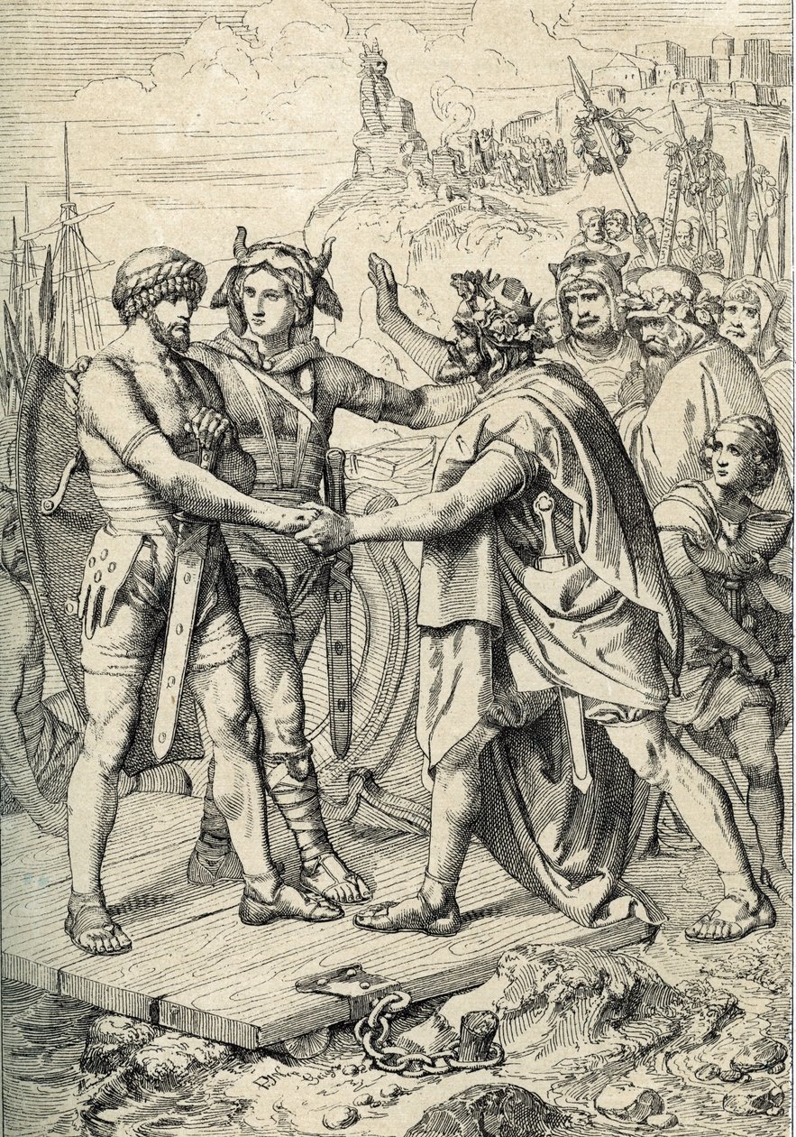 Sbarco di Hengest e Horsa, figure della leggenda anglosassone, che registra i due come i fratelli germanici che guidarono gli eserciti di Angli, Sassoni e Juti che conquistarono i primi territori della Britannia nel V secolo da Peter Johann Nepomuck Geiger