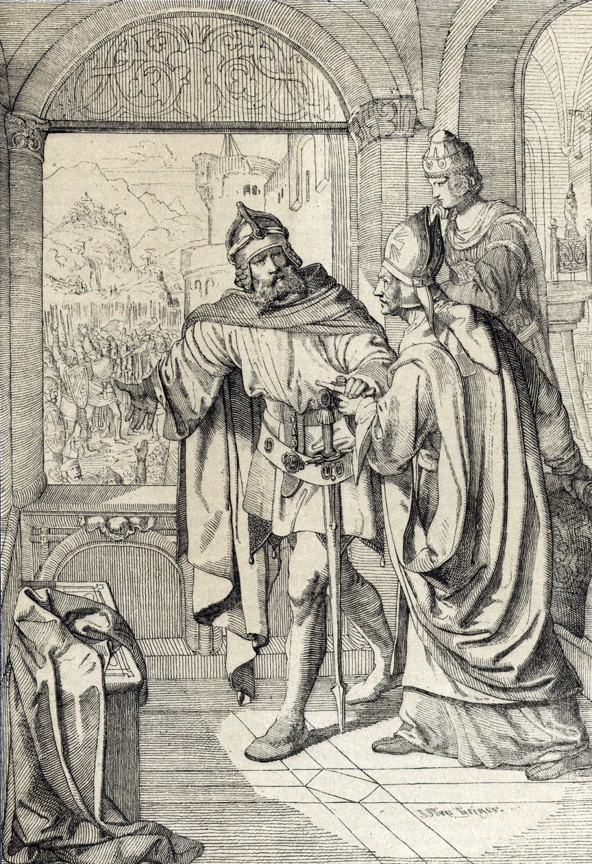 I primi membri della dinastia degli Asburgo Radbot e il vescovo Werner al tempo della costruzione del mastio degli Asburgo in Argovia, Svizzera da Peter Johann Nepomuck Geiger