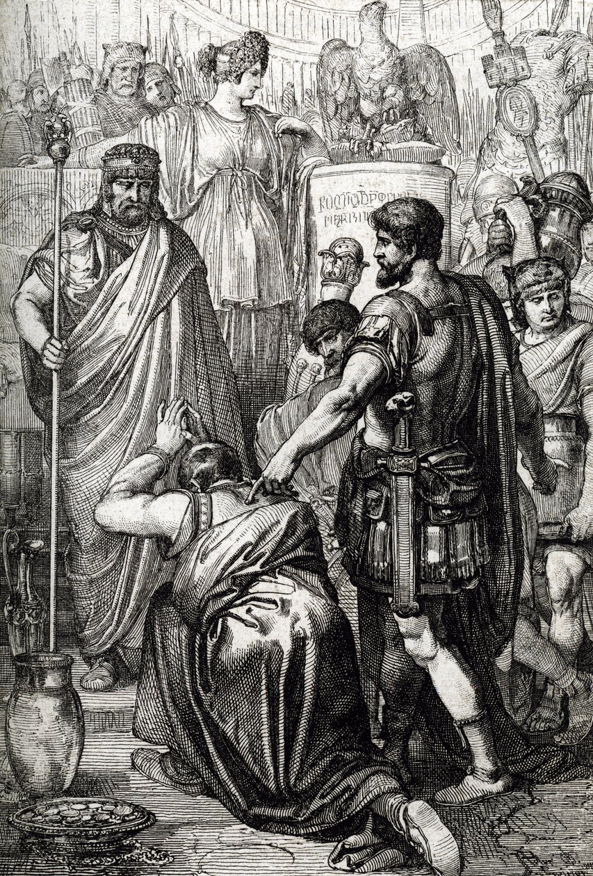 Guerra vandalica: la resa del re dei Vandali Gelimero che si inginocchia davanti al generale bizantino Belisario (500-565) nel marzo 534, Cartagine, Africa da Peter Johann Nepomuck Geiger