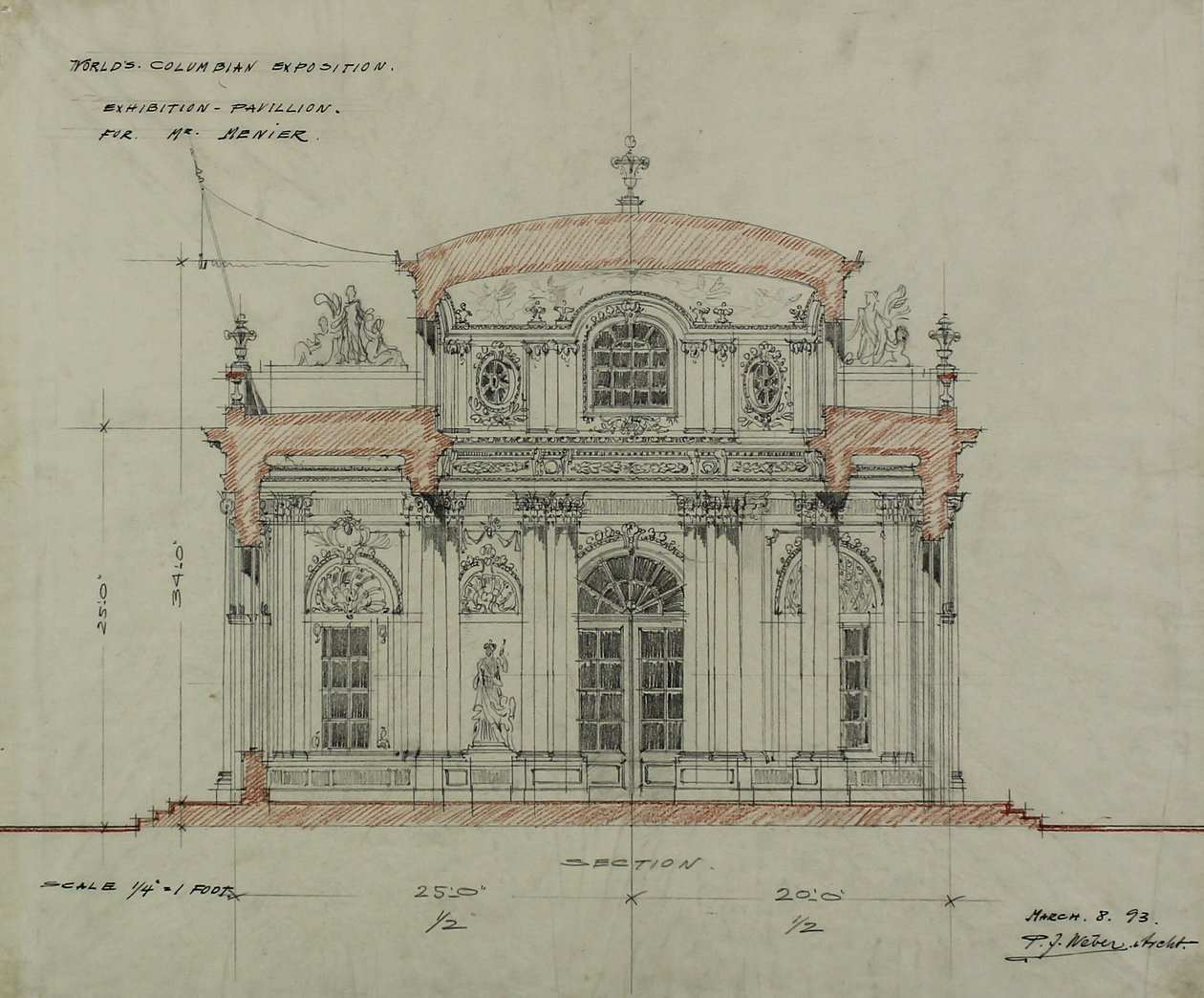 Padiglione del Cioccolato-Menier, Esposizione Universale Colombiana, Chicago, Illinois, schizzo di sezione da Peter Joseph Weber