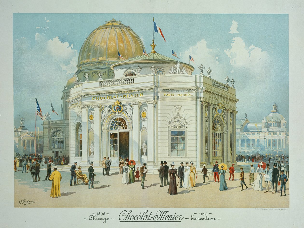 Padiglione del cioccolato-Menier, Esposizione Colombiana Mondiale, Chicago, Illinois, vista prospettica da Peter Joseph Weber