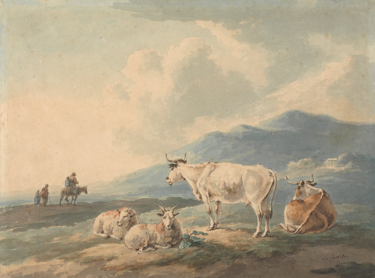 Paesaggio Montano con Mucche e Capre in Primo Piano e Figure a Sinistra da Peter La Cave