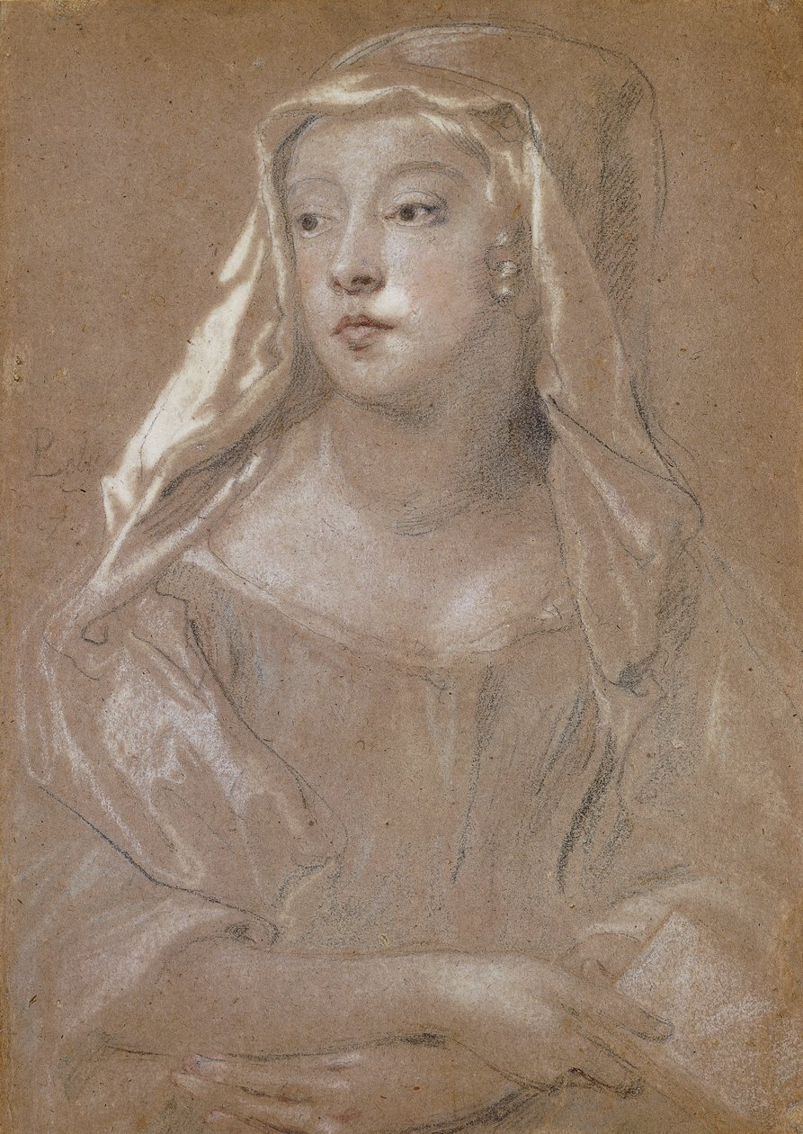 Ritratto di una giovane donna, tradizionalmente identificata come Sarah Jennings, Duchessa di Marlborough, mezzo busto, con un libro, le mani incrociate in grembo, il copricapo drappeggiato sulle spalle, 1667 da Peter Lely