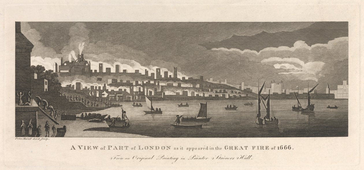 Veduta di Parte di Londra come appariva nel Grande Incendio del 1666 da Peter Mazell