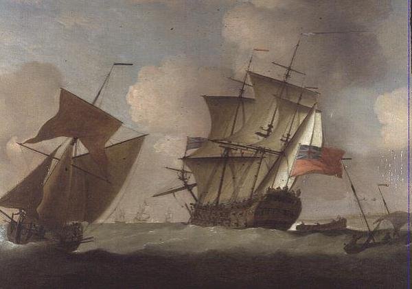 Una nave di terza classe che si unisce alla sua squadra al largo del Castello di Elizabeth, Jersey da Peter Monamy