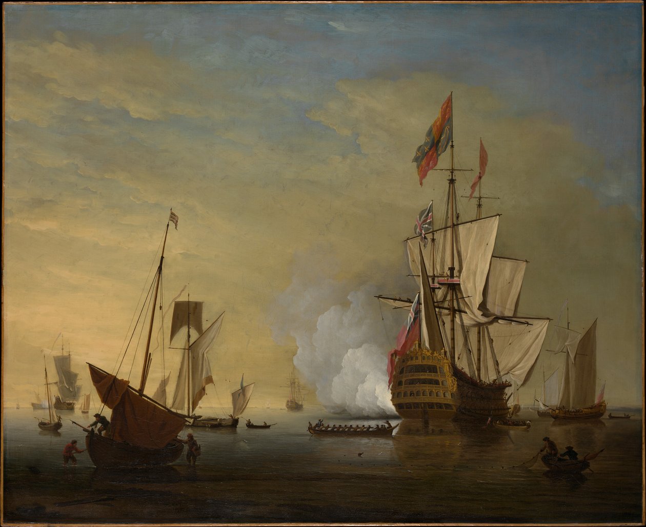 Scena portuale: una nave inglese con le vele spiegate spara un colpo di cannone da Peter Monamy