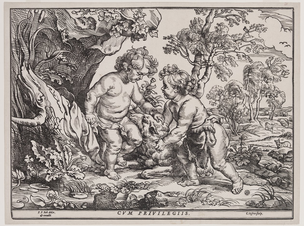 Bambino Gesù e San Giovanni che giocano con un agnello, incisione di Christoffel Jegher (1596-1653), dopo il 1632 da Peter Paul (after) Rubens