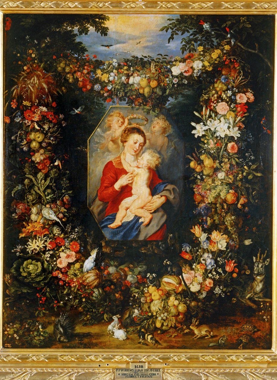 Maria Vergine e il Bambino con corona di fiori e frutta ... da Peter Paul & Brueghel Jan (1601 78) Rubens