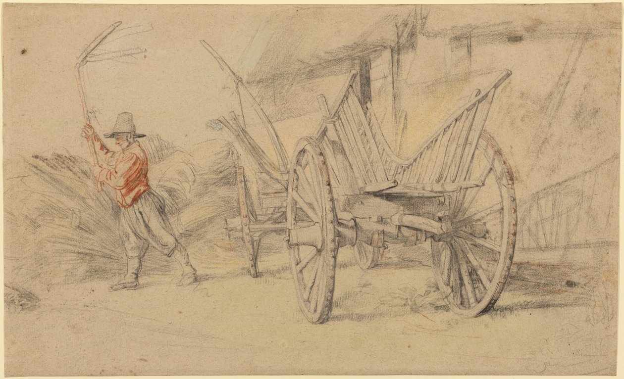 Un uomo che trebbia accanto a un carro, edifici agricoli alle spalle da Peter Paul Rubens