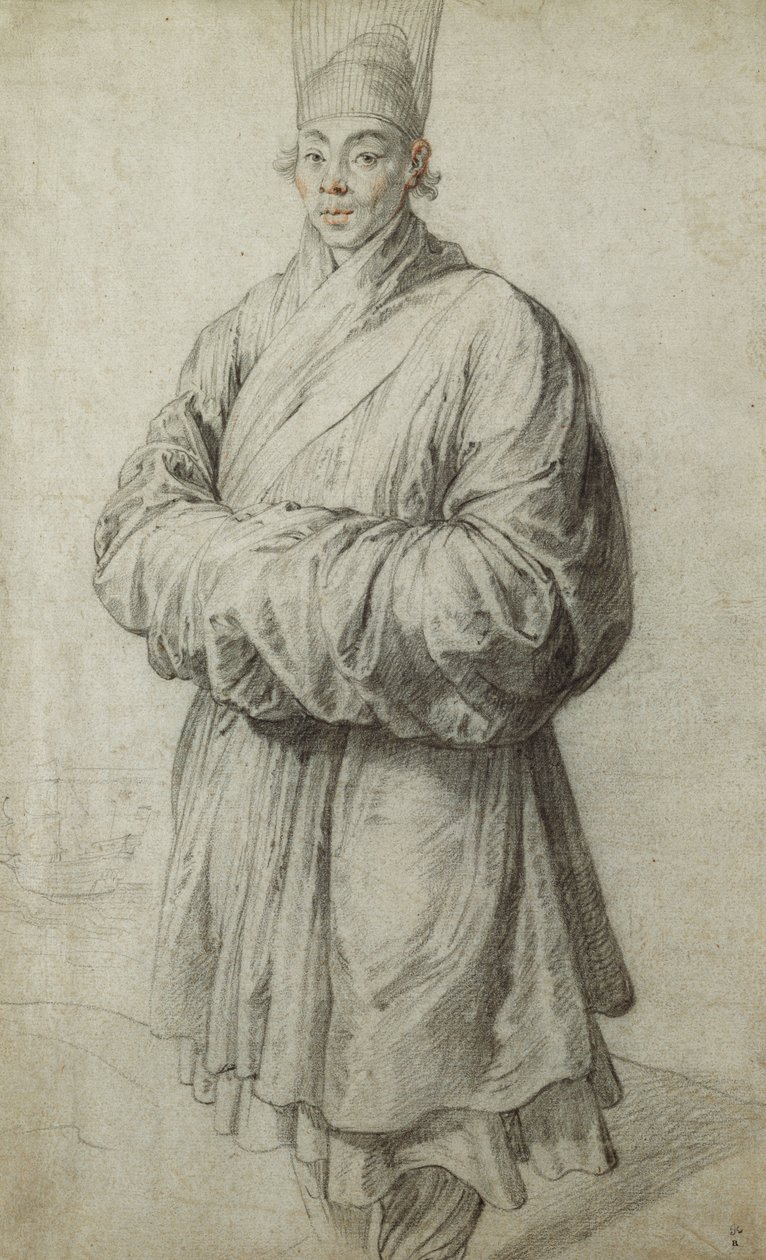 Un uomo in costume coreano, con un copricapo trasparente di crine di cavallo, quasi a figura intera, una nave a sinistra da Peter Paul Rubens