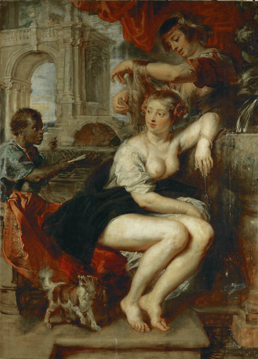 Bathseba al pozzo, un ragazzo porta la lettera del re Davide (dipinto su legno di quercia) da Peter Paul Rubens