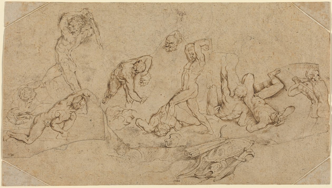 Battaglia di uomini nudi (penna e inchiostro marrone su gesso nero su quattro pezzi tagliati irregolarmente di due tipi di carta vergata; steso e con l
