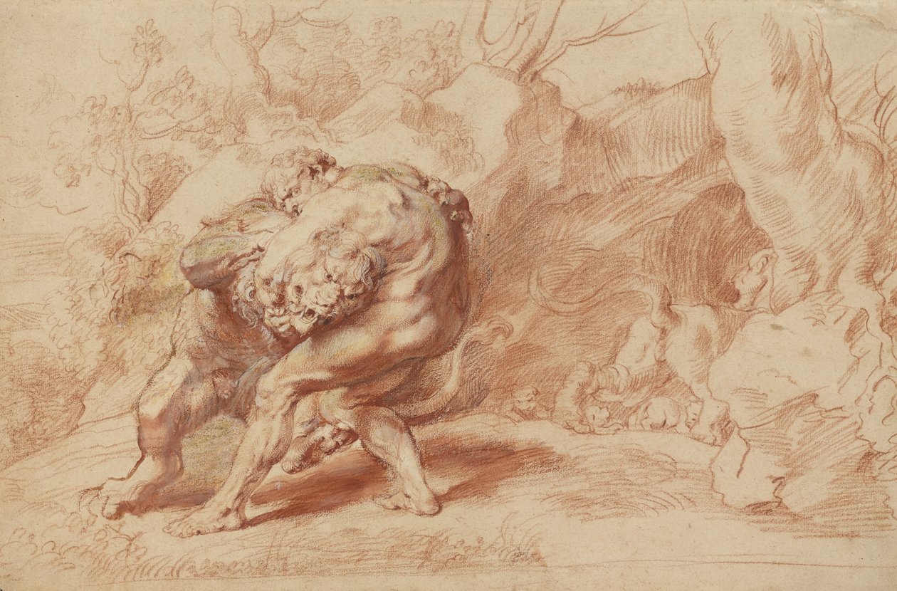 Ercole che strangola il Leone di Nemea, 1620 circa (gesso rosso, giallo e nero, pennello e inchiostro rosso e gouache su carta) da Peter Paul Rubens