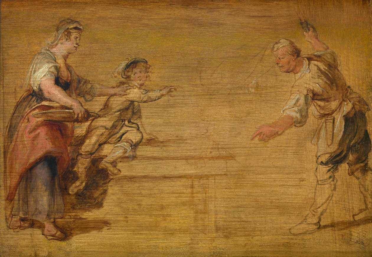 Sguattera, macellaio e ragazzo attorno a un tavolo da Peter Paul Rubens