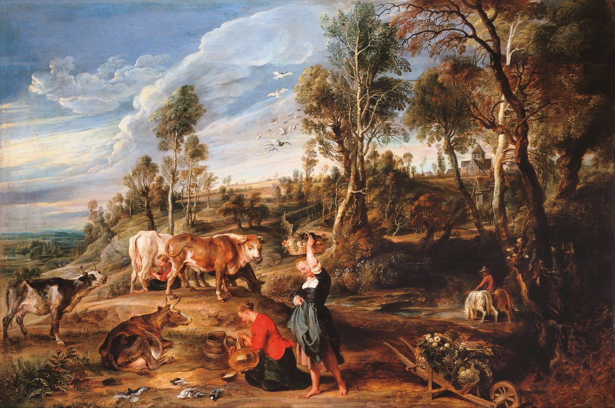 Mungitrici con bestiame in un paesaggio, «La fattoria a Laken» da Peter Paul Rubens