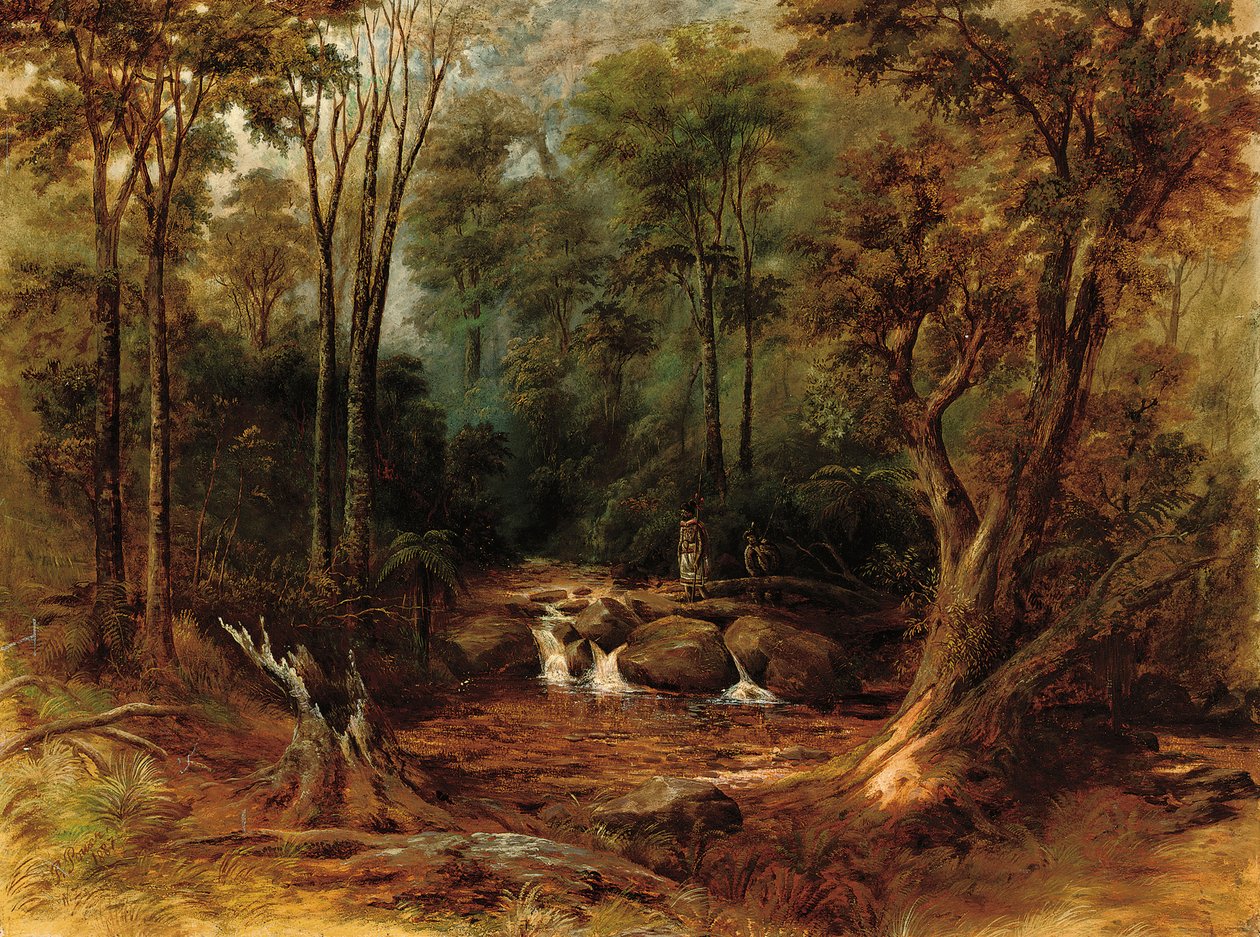 Maori che attraversano un ruscello nella foresta, 1887 da Peter Power