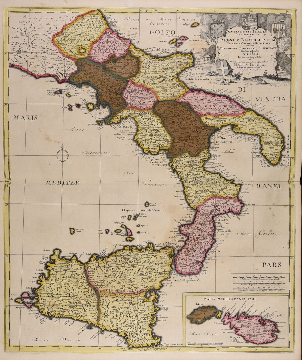 Continentis Italiae pars australior sive regnum Neapolitanum Hispaniae obediens subdivisum in suos districtus terras atque principatus quibus adjectae Sicilia in valles tripartita et contra Turcas ejus propugnaculum Malta insula da Peter Schenk the Elder