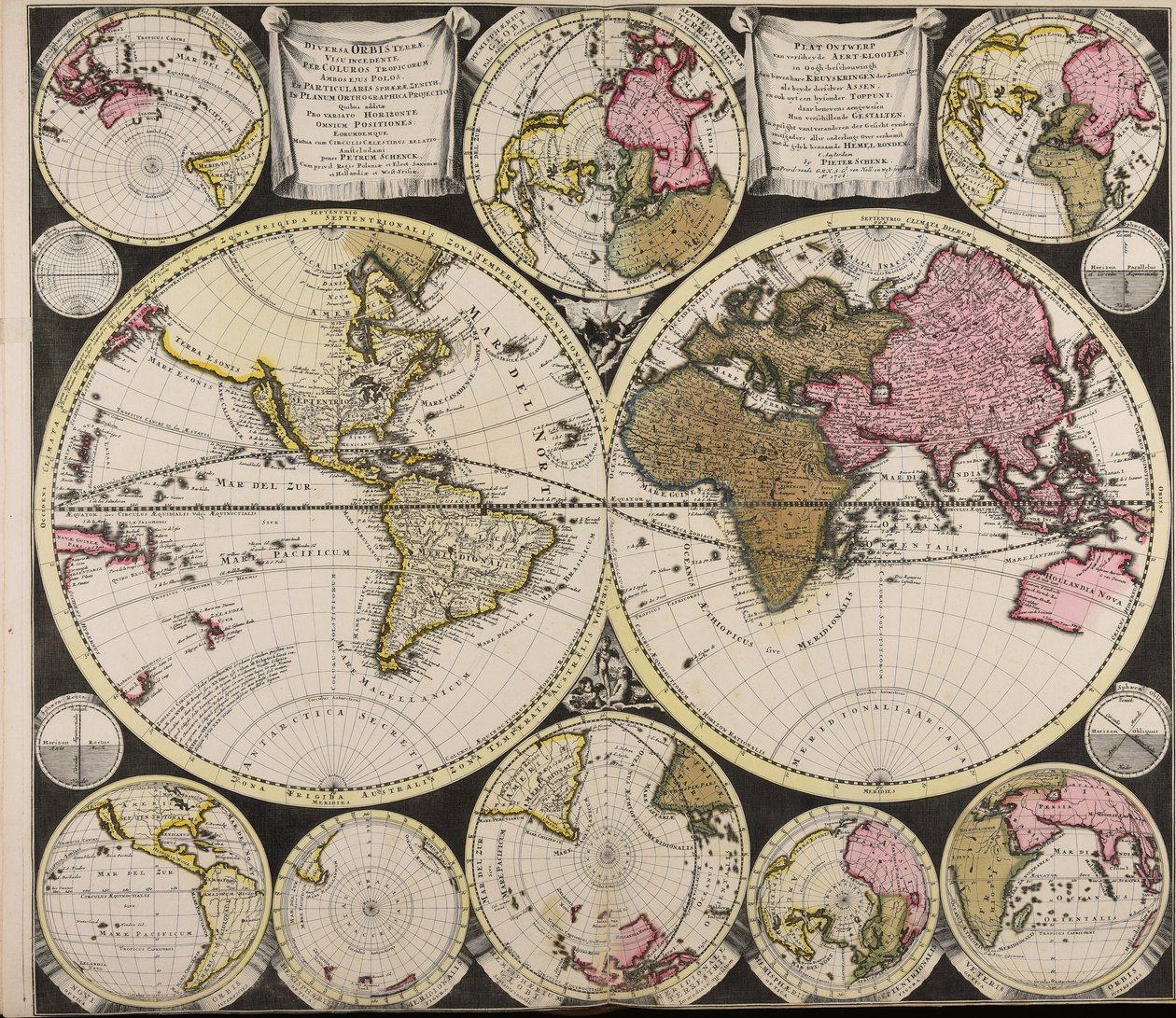 Diversa orbis Terrae visu incedente per coluros Tropicorum ambos ejus polos et particularis sphaerae zenit in planum orthographica projectio quibus additae pro variato horizonte omnium positiones eorumdemque mutua cum circulis caelestibus relatio  Plat O da Peter Schenk the Elder