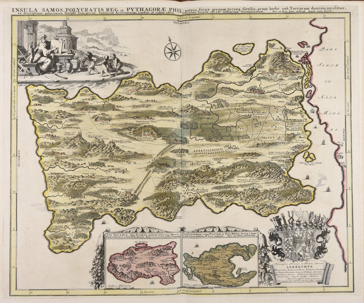 Insula Samos Polycratis reg. et Pythagorae phil. patria ferax gregum terraeq. fictilis, prout hodié sub Turcarum dominio incolitur, ex descriptione potissimum Iosephi Georgirene, Samiorum archiepiscopi, Londini ab eodem editá ... / fec. et exc. Petr. Schen da Peter Schenk the Elder