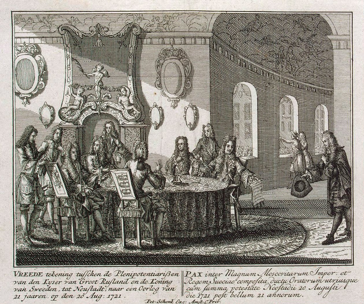 Conclusione del trattato di pace di Nystad il 20 agosto 1721 da Peter Schenk the Younger