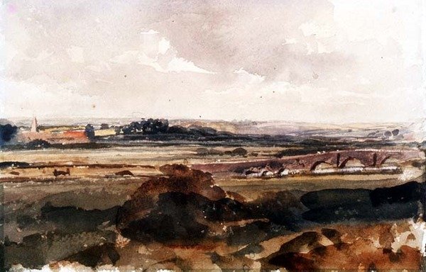 Paesaggio esteso con un ponte di pietra da Peter de Wint