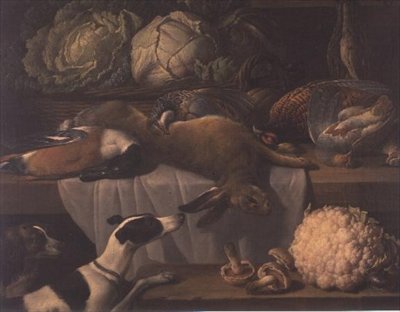 Selvaggina morta e verdure in una dispensa da Peter van Boeckel