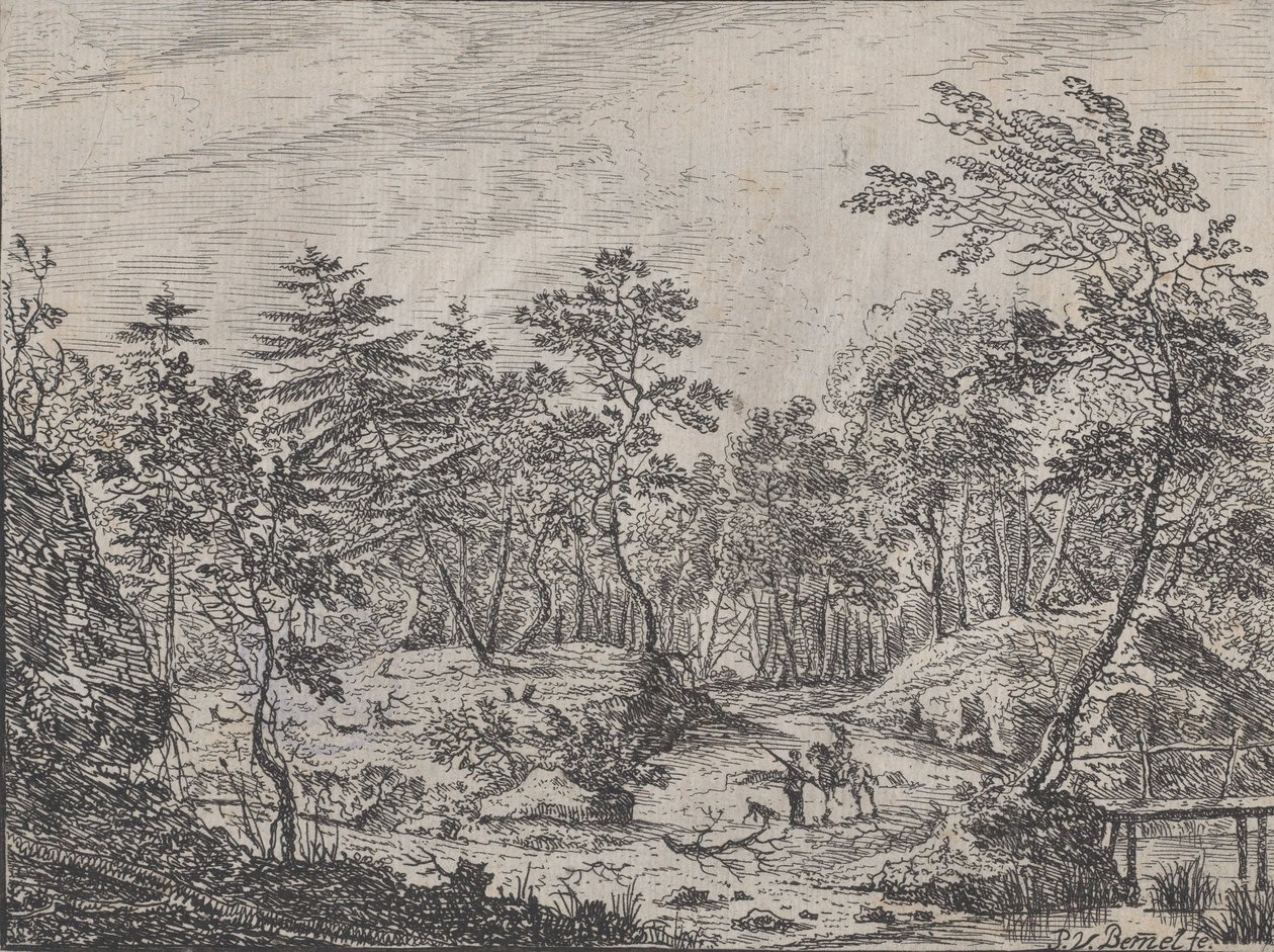 Paesaggio Forestale con un Cavaliere che Conversa con un Uomo al Centro, un Ponte Pedonale a Destra da Peter von Bemmel
