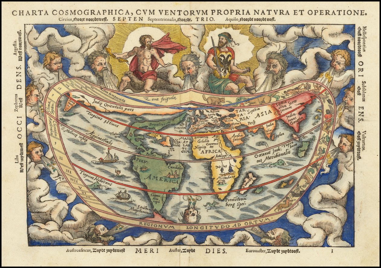 Mappa del mondo del 1553 - Charta Cosmographica, Cum Ventorum Propria Natura et Operatione da Petrus Apianus
